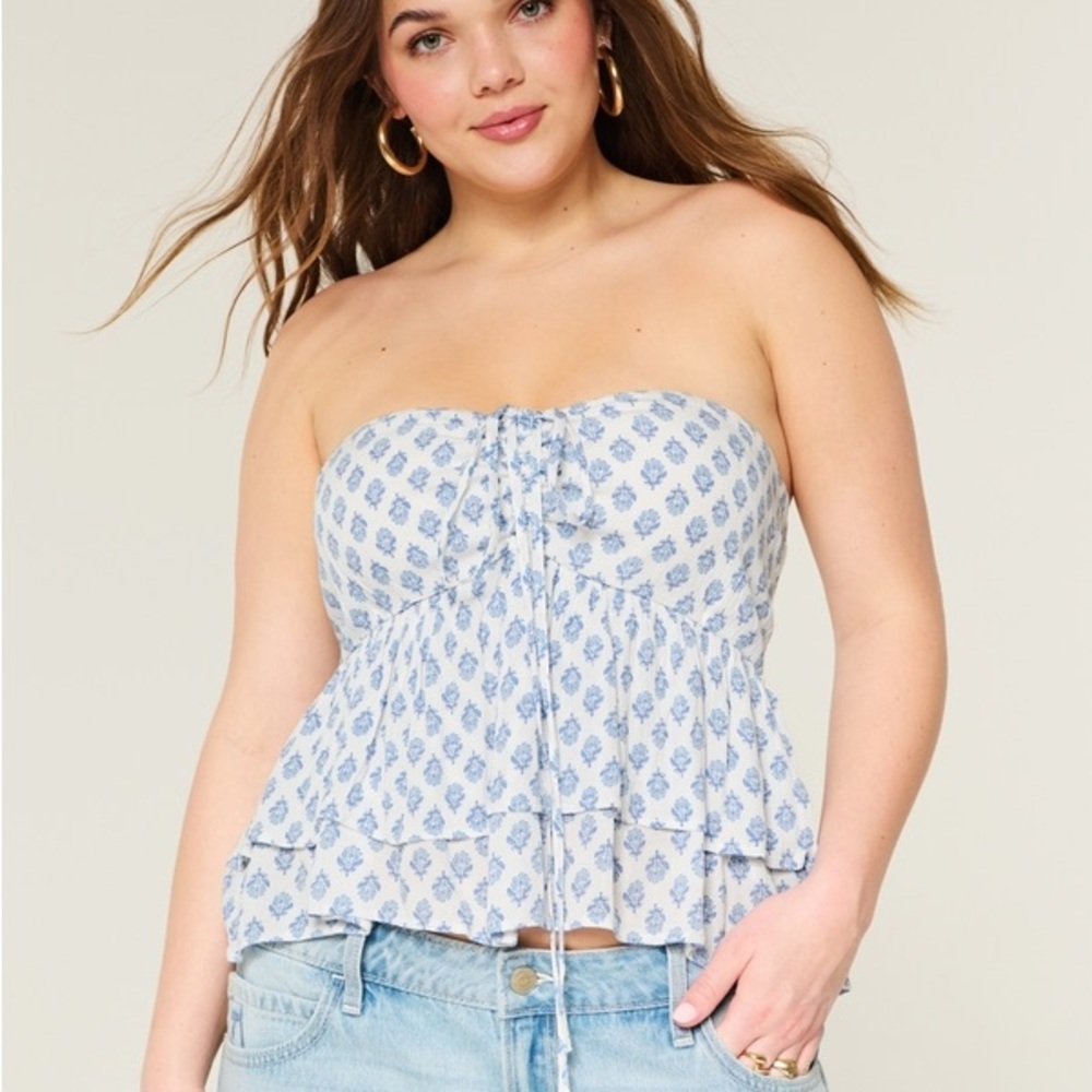 Hollister Babydoll Smocked Strapless Ruffle Peplum Top in Light Blue Print